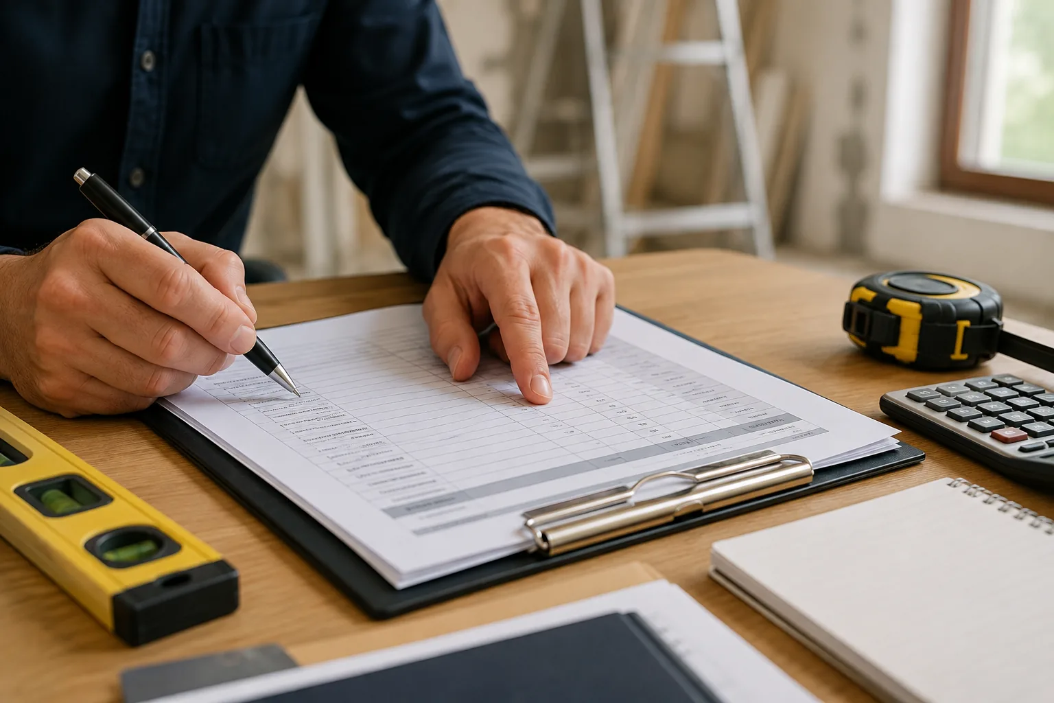 Un homme annote au stylo un devis détaillé posé sur un porte-bloc, entouré d'un niveau à bulle, d'un mètre ruban et d'une calculatrice