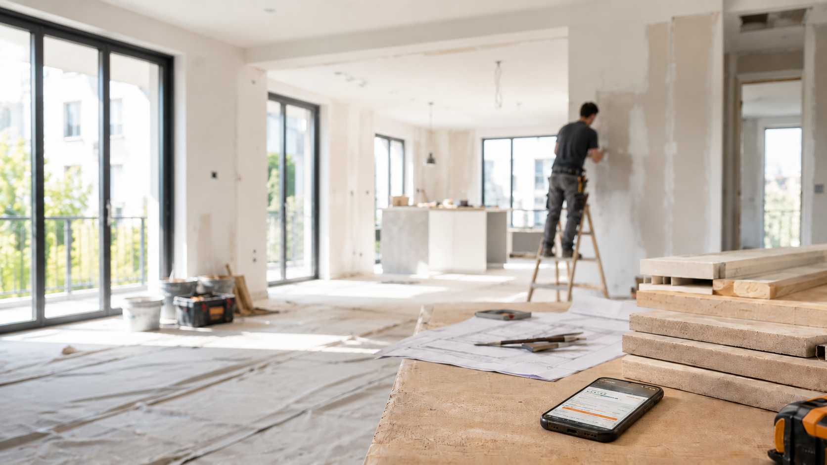 Artisan enduisant un mur sur un chantier de rénovation, plans et smartphone au premier plan
