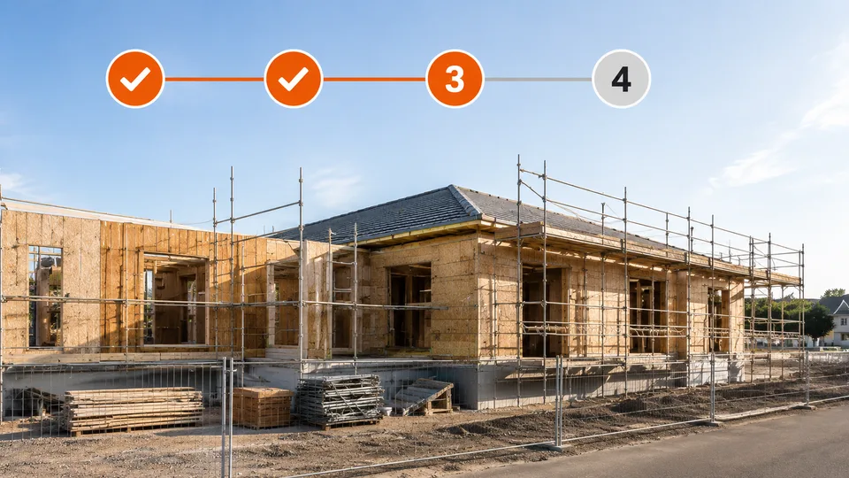 Maison en construction surmontée d'une frise d'étapes validées