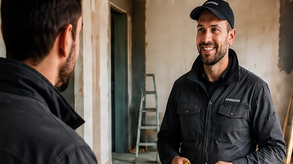 Artisan souriant prenant la suite sur un chantier en cours