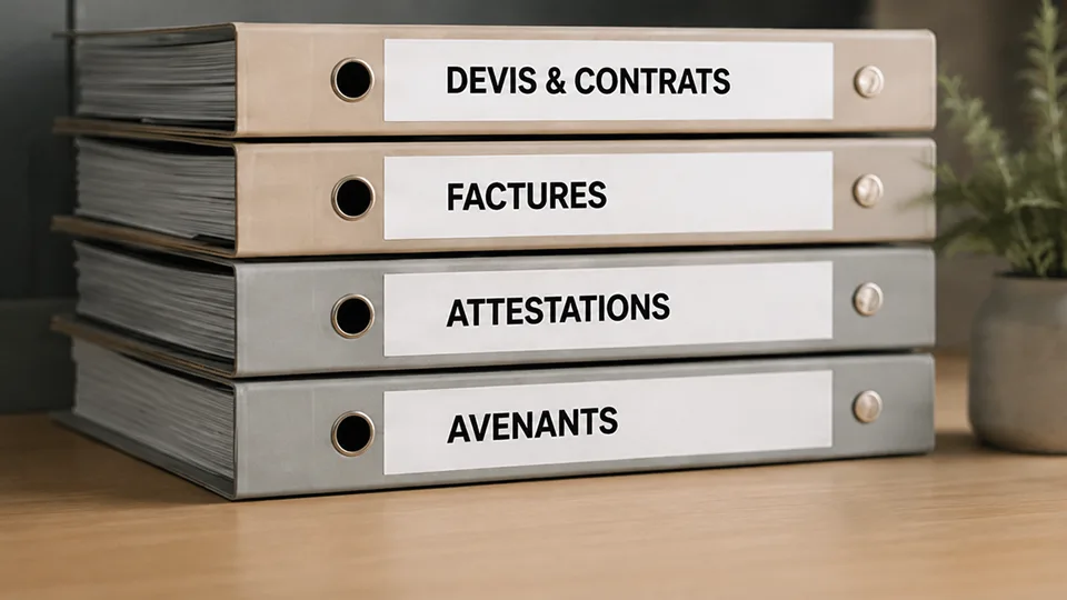 Classeurs étiquetés devis, factures, attestations et avenants