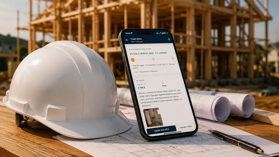 Casque de chantier et smartphone affichant le détail d'un devis, posés sur des plans