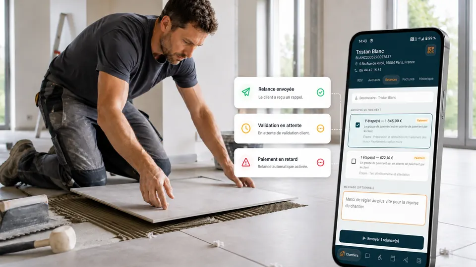 Carreleur au travail et notifications de relance, validation en attente et paiement en retard