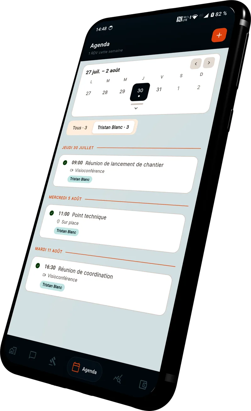 Application itravo Pro montrant l'agenda des rendez-vous physiques et visio d'un artisan