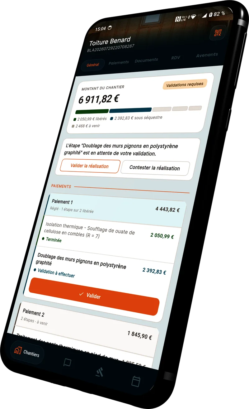 Application mobile itravo montrant la validation d'une étape de chantier et le PV de réception