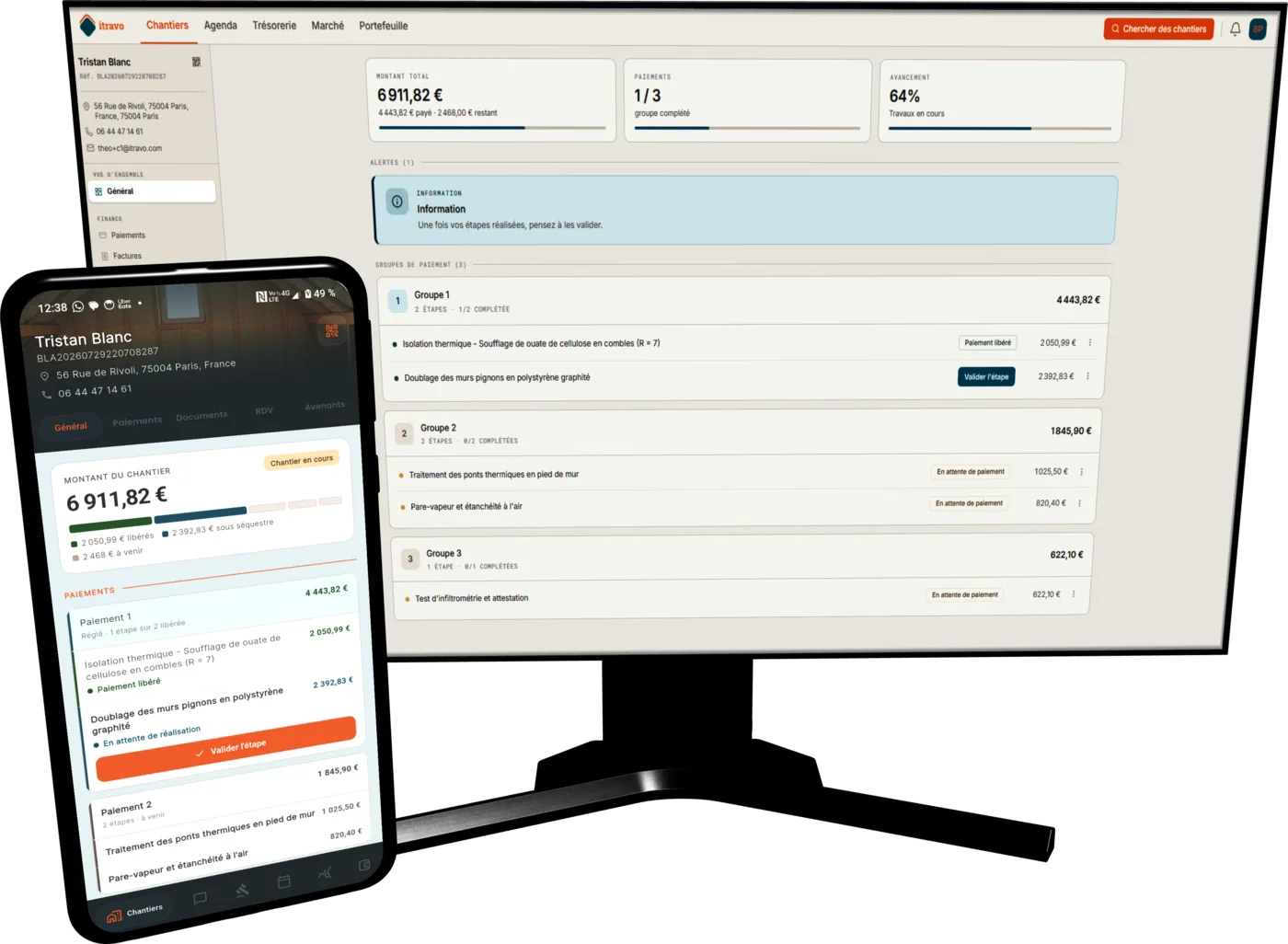 Interface itravo web et mobile montrant le suivi d'un chantier : montant, paiements et avancement des travaux