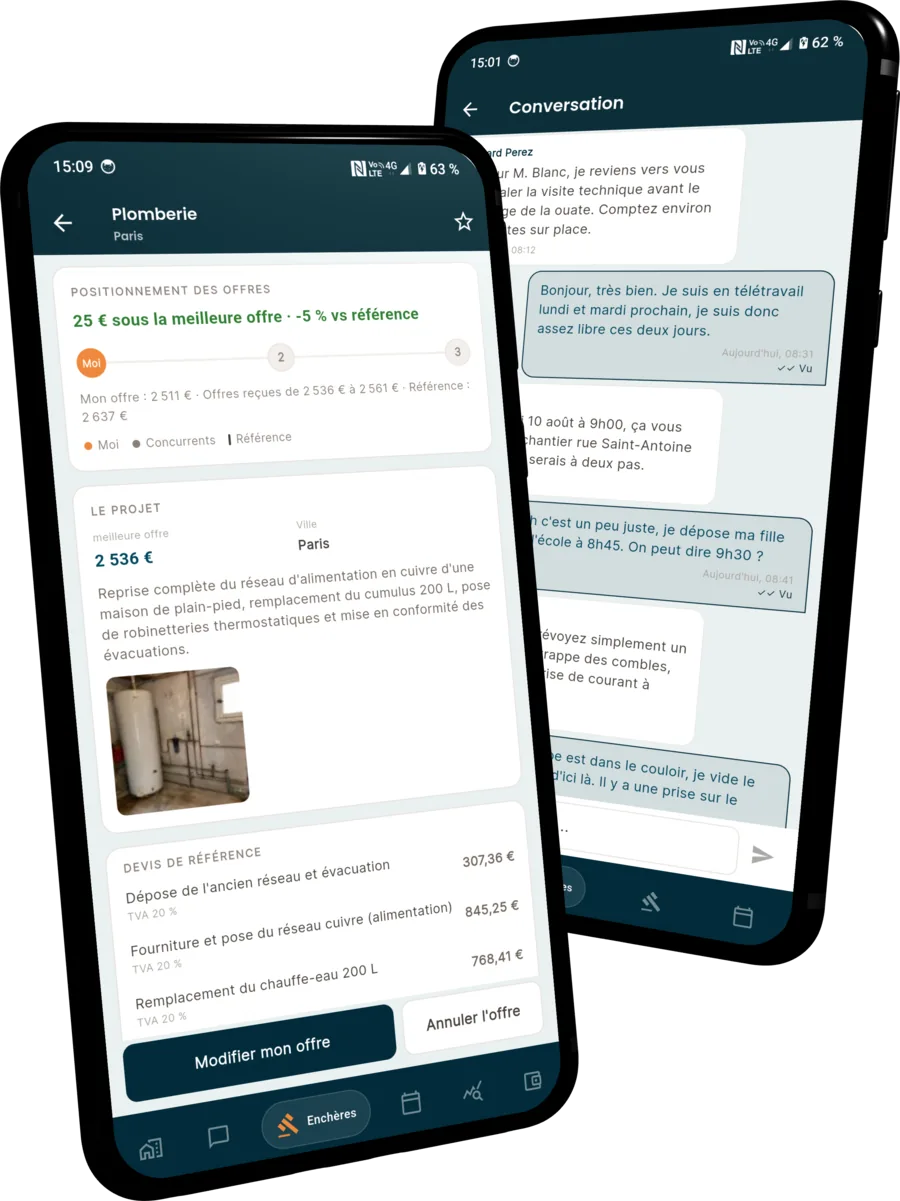 Application mobile itravo montrant le positionnement d'une offre de plomberie et une conversation avec un artisan